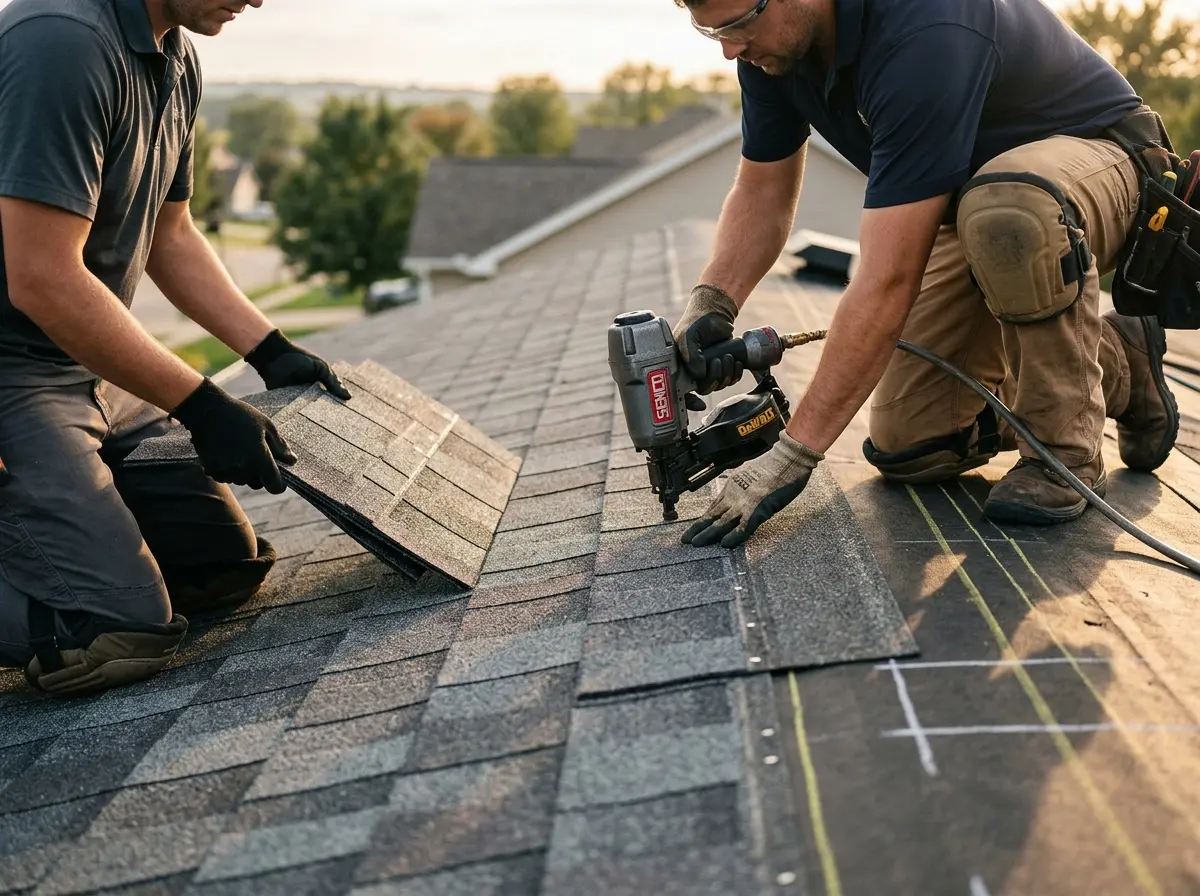 Professional roofer working on a residential roof in St. Peters